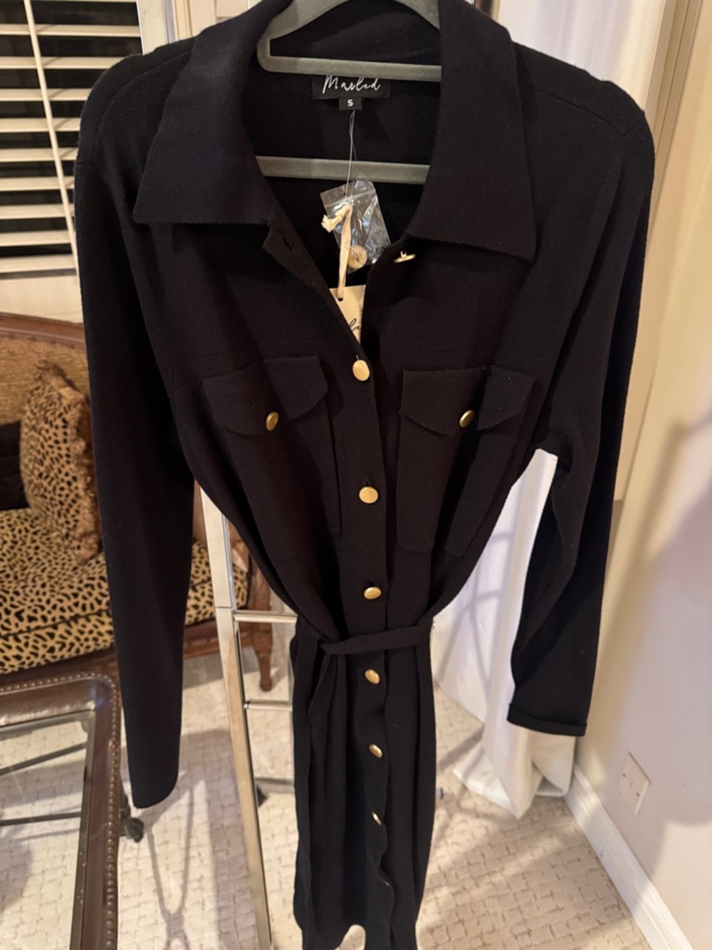 Marled Black Long Sleeve Button-Front Belted Shirt Dress